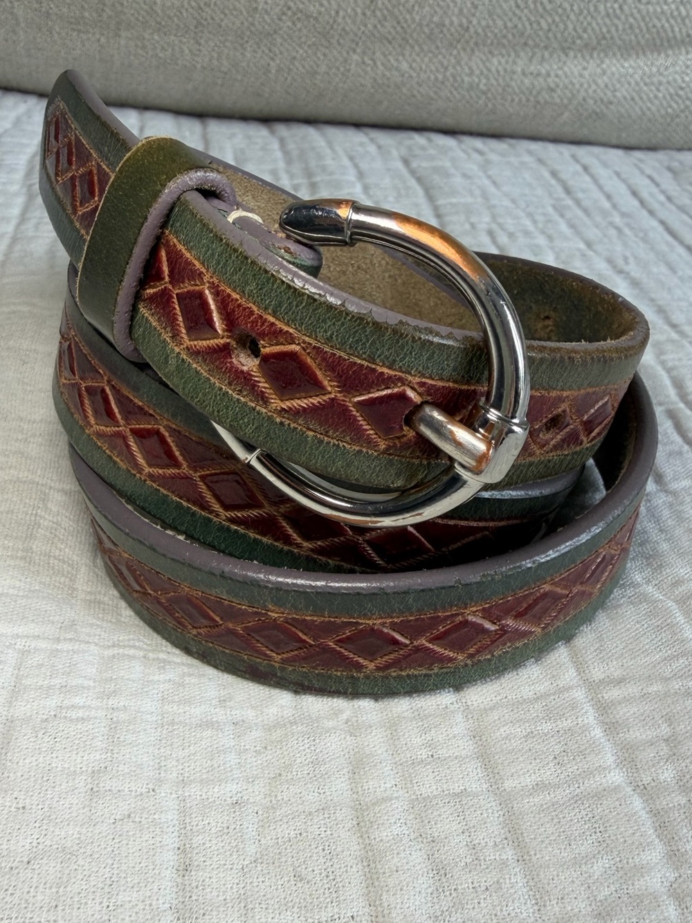 Vintage Genuine Leather Belt Green Burgundy Tooled Ring Buckle Sz 36 - Picture 3 of 8
